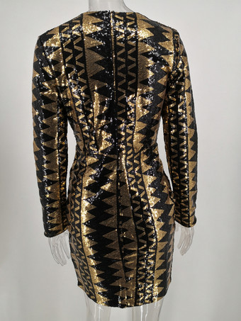 幾何学模様のスパンコールミニドレス、深いVネック、長袖、セクシーなスリットドレス、女性用 2025