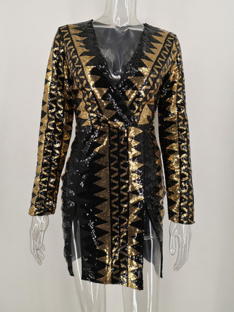 幾何学模様のスパンコールミニドレス、深いVネック、長袖、セクシーなスリットドレス、女性用 2025