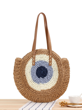 ブラウン ラウンドトートバッグ ペーパーロープ編み ビーチショルダーバッグ レディース 2025