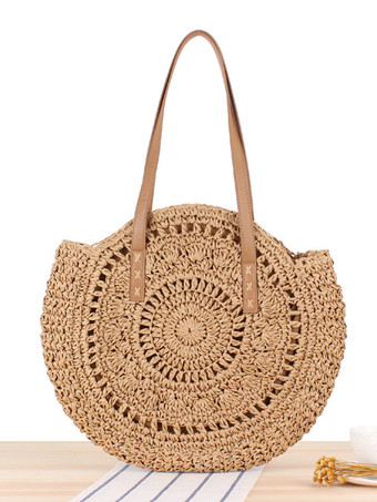 ラクダ色 ラウンド中空ショルダーバッグ ペーパーロープ編み ビーチバッグ 女性用 2025