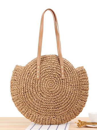 ラクダ色 ラウンドショルダーバッグ ペーパーロープ編み ビーチバッグ レディース 2025