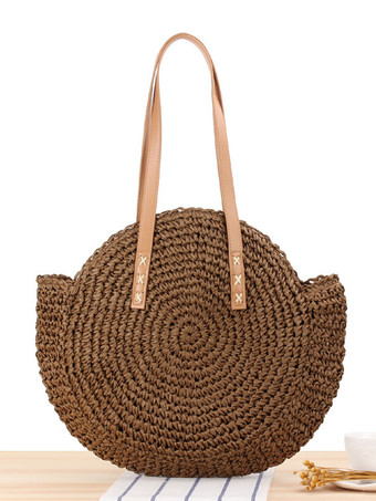 ディープブラウンラウンドショルダーバッグ ペーパーロープ編み ビーチバッグ レディース 2025
