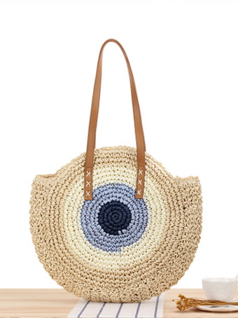 アイボリー ラウンドトートバッグ ペーパーロープ編み ビーチショルダーバッグ レディース 2025