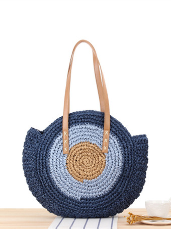 ブルー ラウンドトートバッグ ペーパーロープ編み ビーチショルダーバッグ レディース 2025