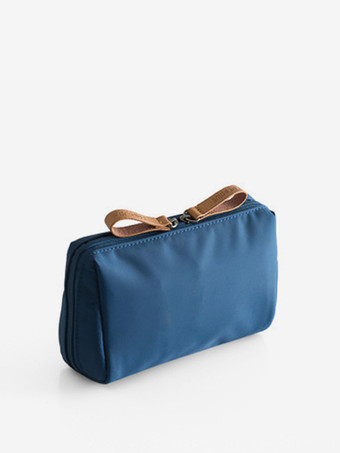 ダークネイビースクエアナイロンコスメバッグ ダブルジッパー 防水メイクアップ収納バッグ 女性用 2025