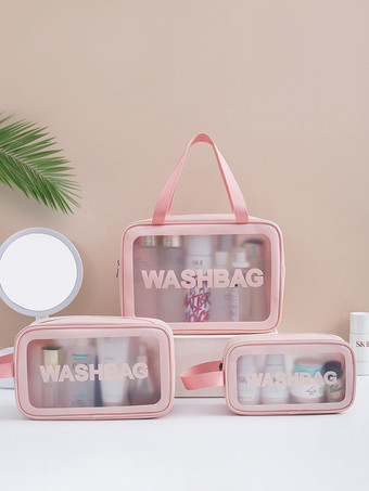 ピンク透明コスメバッグ 3点セット ポータブル防水トイレタリー収納バッグ 女性用