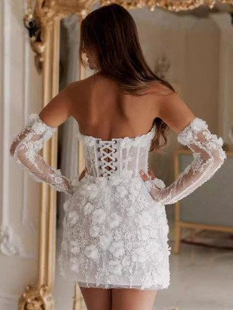 ブライダルミニドレス ショートウェディングドレス ストラップレス 7分袖 ショートフラワーレースブライダルドレス