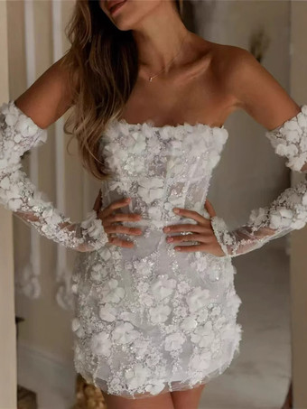 ブライダルミニドレス ショートウェディングドレス ストラップレス 7分袖 ショートフラワーレースブライダルドレス