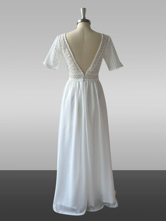 シンプルなウェディングドレス、ボールガウン、デザインネックライン、半袖、レースのブライダルドレス