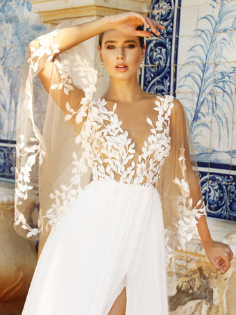 ボヘミアン ウェディングドレス シフォン レース ボールガウン フロアレングス ナチュラルウエスト ジッパー 長袖 Vネック アイボリー