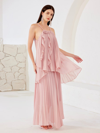 フリル2ピースコーデセット（フラワーディテールのピンクのスリップトップとゆったりスカート付き）レディース夏コーデ2026