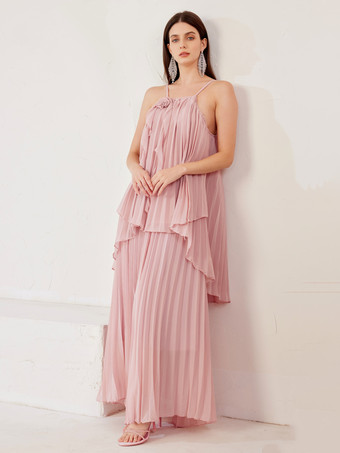 ピンクフリル2ピースコーデセット（フラワーディテールのピンクのスリップトップとゆったりスカート付き）レディース夏コーデ2026