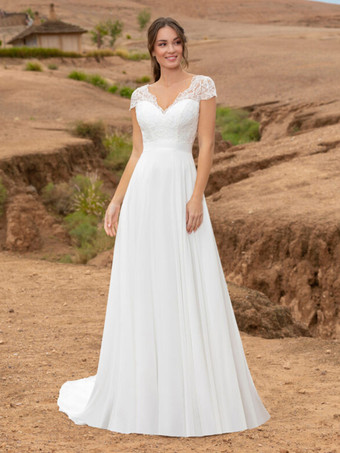 ボヘミアンウェディングドレス レース レース ボールガウン トレーン付き ナチュラルウエスト バックレス 半袖 Vネック ホワイト