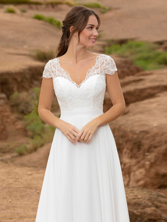 ボヘミアンウェディングドレス レース レース ボールガウン トレーン付き ナチュラルウエスト バックレス 半袖 Vネック ホワイト