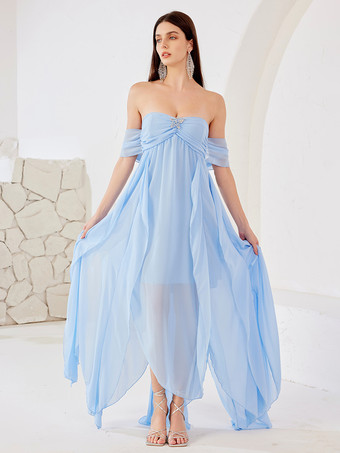 Light Sky BlueFlowy Maxi Dress In Blue Beach Holiday Summer Slit Dress For Women 2025
