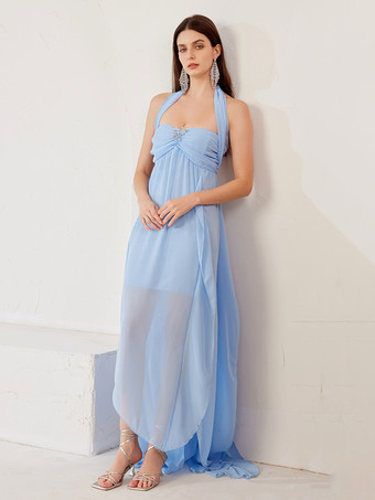 Flowy Maxi Dress In Blue Beach Holiday Summer Slit Dress For Women 2025