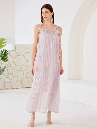 Fließendes Maxikleid mit 3D-Blumen plissiertes Boho-Trägerkleid für Damen 2025
