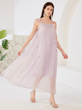 RosaFließendes Maxikleid mit 3D-Blumen plissiertes Boho-Trägerkleid für Damen 2025