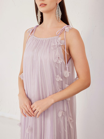 Fließendes Maxikleid mit 3D-Blumen plissiertes Boho-Trägerkleid für Damen 2025