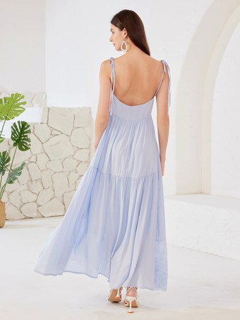 Robe longue à enfiler en bleu col en V taille haute robe d'été pour femme 2025