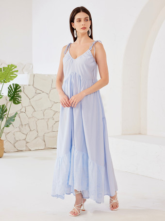 Robe longue à enfiler en bleu col en V taille haute robe d'été pour femme 2025