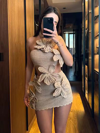 カーキ かぎ針編みのホルターネックドレス、3Dフラワーカットアウトウエスト、ビーチホリデーミニドレス、女性用2025