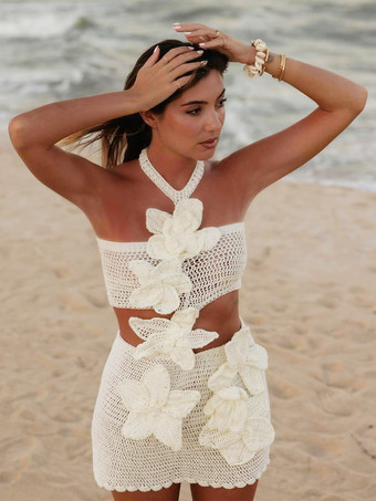 かぎ針編みのホルターネックドレス、3Dフラワーカットアウトウエスト、ビーチホリデーミニドレス、女性用2025