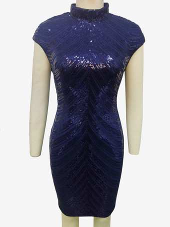 ブルー キラキラ光るスパンコールドレス ハイネック キャップスリーブ エレガントなパーティードレス レディース 2025