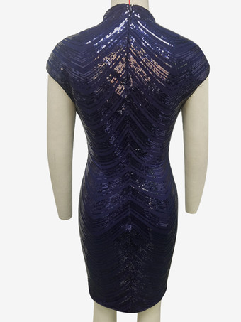 キラキラ光るスパンコールドレス ハイネック キャップスリーブ エレガントなパーティードレス レディース 2025