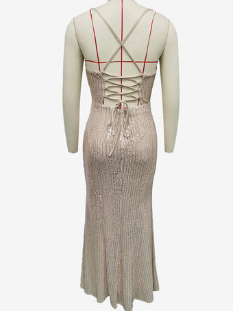シャンパンカラーのキラキラ光るスパンコールのマキシドレス、レースアップ、ルーシュスパゲッティストラップ、女性用パーティードレス 2025