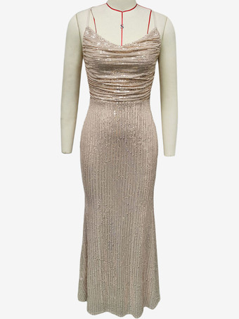 シャンパンカラーのキラキラ光るスパンコールのマキシドレス、レースアップ、ルーシュスパゲッティストラップ、女性用パーティードレス 2025