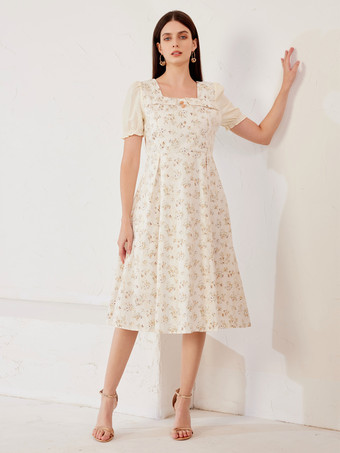 アイボリー フローラルコテージドレス スクエアネック パフスリーブ 夏 Aライン ミディドレス レディース 2026