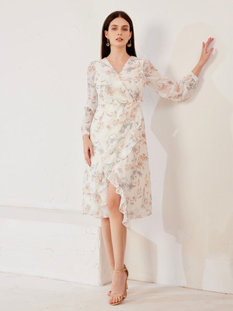 blanco Vestido elegante con estampado floral escote en V manga larga vestido midi para mujer 2025