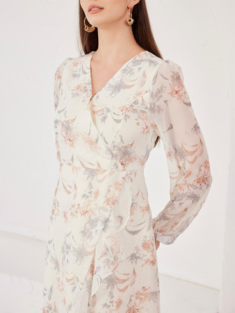 Vestido elegante con estampado floral escote en V manga larga vestido midi para mujer 2025