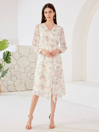 Vestido elegante con estampado floral escote en V manga larga vestido midi para mujer 2025