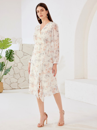 Vestido elegante con estampado floral escote en V manga larga vestido midi para mujer 2025