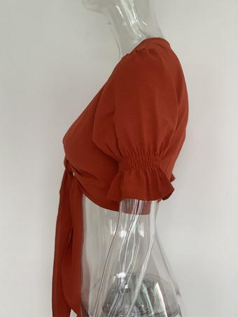 ネクタイディテール付き無地クロップトップ Vネック パフスリーブ トレンディな女性用ブラウス 2025