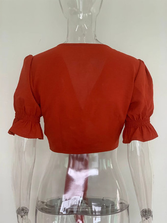 ネクタイディテール付き無地クロップトップ Vネック パフスリーブ トレンディな女性用ブラウス 2025