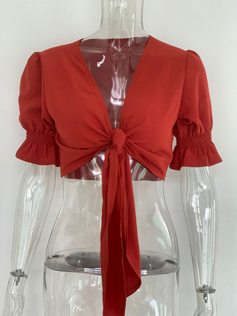 ネクタイディテール付き無地クロップトップ Vネック パフスリーブ トレンディな女性用ブラウス 2025