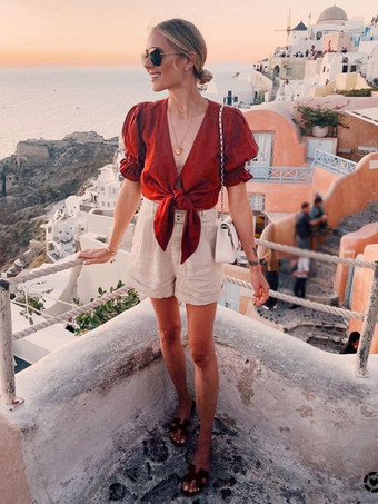 ネクタイディテール付き無地クロップトップ Vネック パフスリーブ トレンディな女性用ブラウス 2025