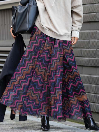 波型ストライプのメッシュスカート 流れるようなロングスカート レディース 2025
