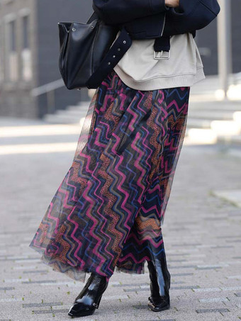 ブルー 波型ストライプのメッシュスカート 流れるようなロングスカート レディース 2025