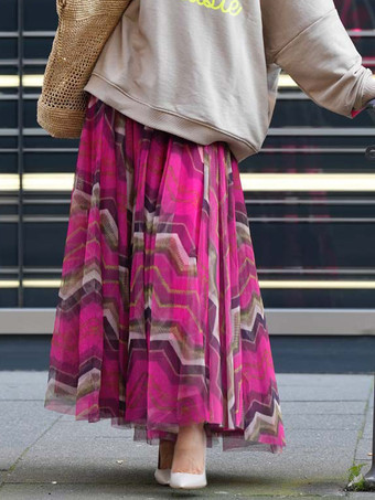 ローズレッド波型ストライプのメッシュスカート 流れるようなロングスカート レディース 2025