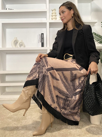 トロピカルプリントのロングスカート、タッセルヘム付き、ホリデースカート、レディース 2025