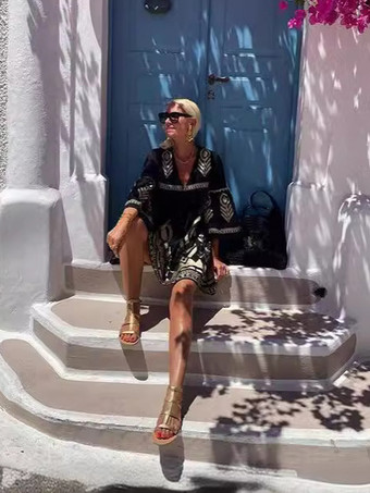 ボヘミアンプリントシフトドレス Vネック ベルスリーブ ホリデーミディドレス レディース 2025