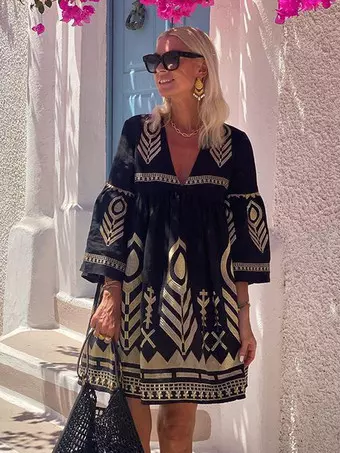 chinese dress ladies Bohemian Mini Dress Women Printed Short Sleeve Fragmented Flower Dress V  Neck Loose Sexy Vestidos at Amazon Women's Clothing store