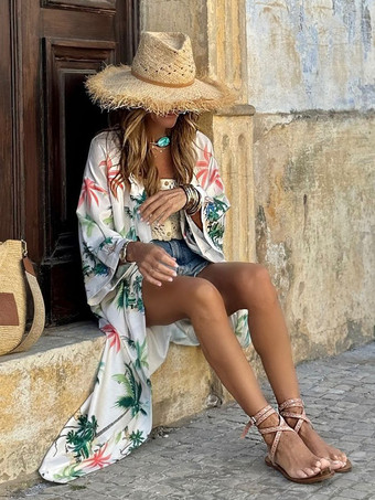 トロピカルプリントのカバーアップ、ベルト付き、七分袖、ロングビーチウェア、レディース 2025