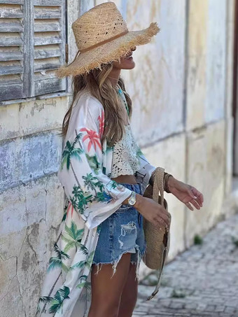 トロピカルプリントのカバーアップ、ベルト付き、七分袖、ロングビーチウェア、レディース 2025