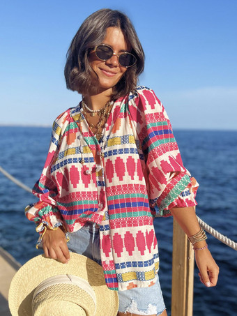 ローズレッドボヘミアンプリントブラウス Vネック ランタンスリーブ トップス レディース 2025