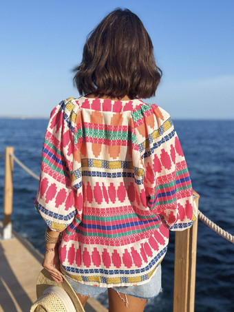 ボヘミアンプリントブラウス Vネック ランタンスリーブ トップス レディース 2025